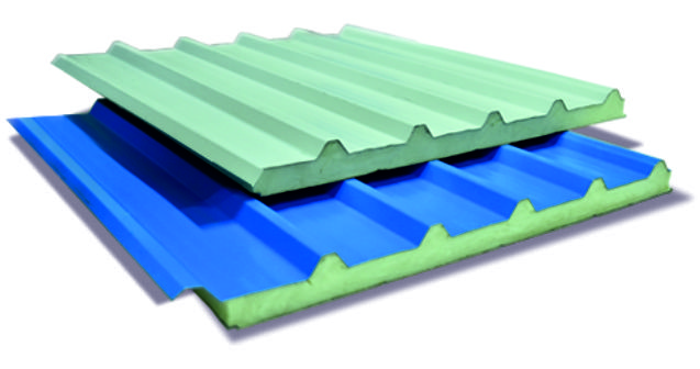 Close-up of the profile of a corrugated colour coated roofing sheet.